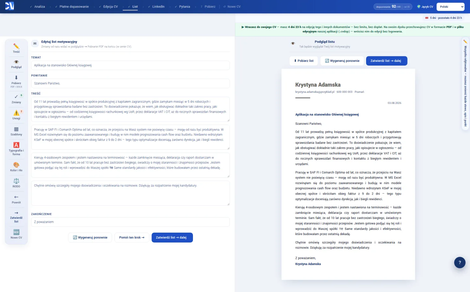 Edytor listu motywacyjnego z podglądem