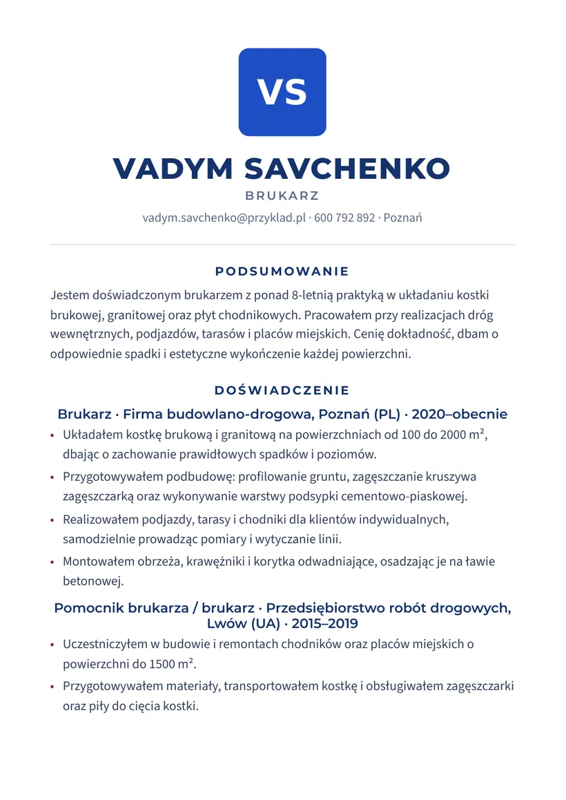 Зразок CV польською — Бруківник — сторінка 1