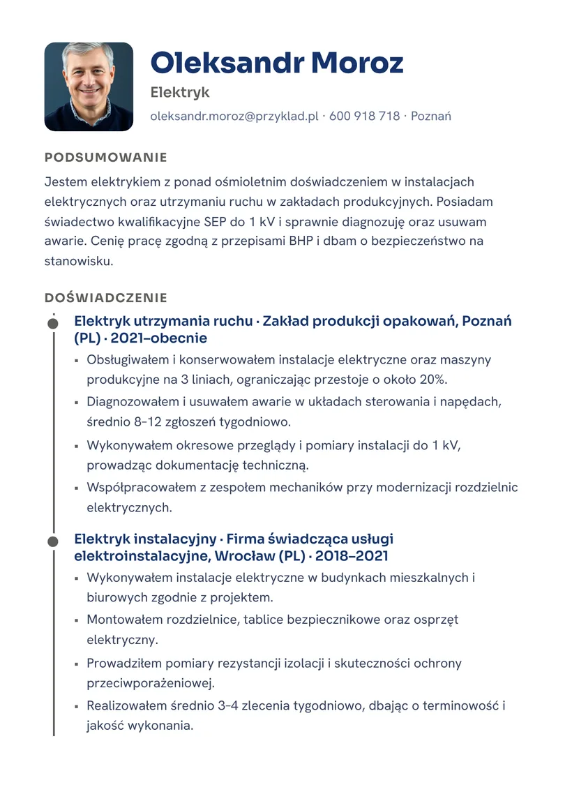 Зразок CV польською — Електрик — сторінка 1