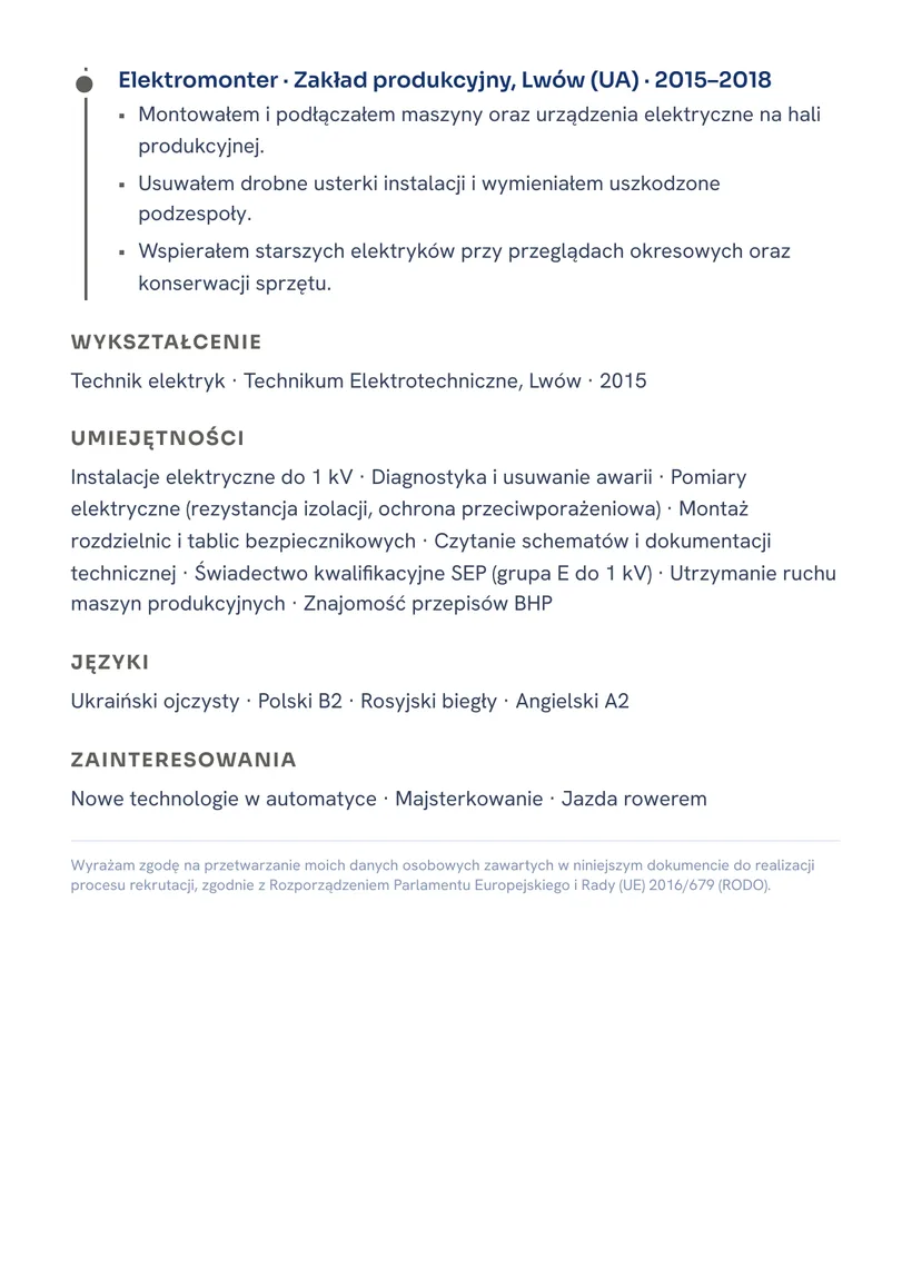 Зразок CV польською — Електрик — сторінка 2