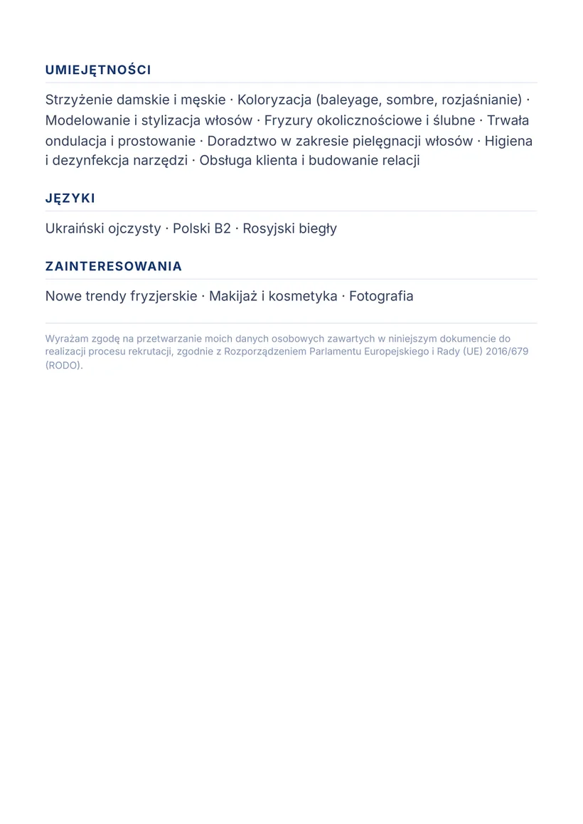 Зразок CV польською — Перукар — сторінка 2