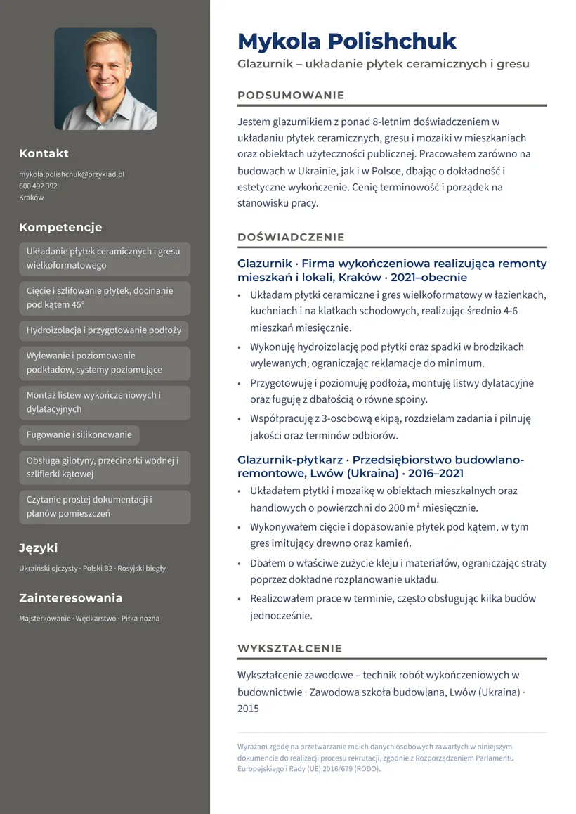 Зразок CV польською — Плиточник — сторінка 1