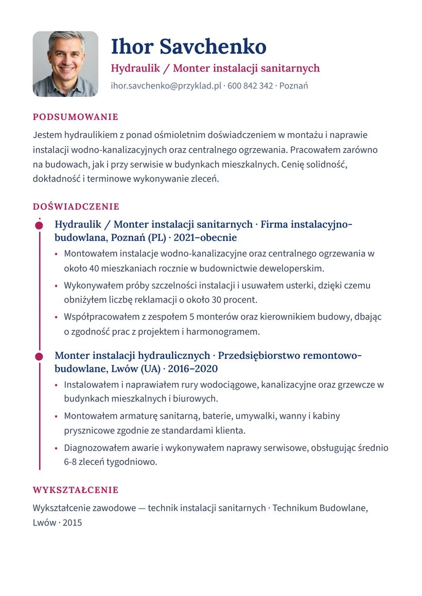 Зразок CV польською — Сантехнік — сторінка 1