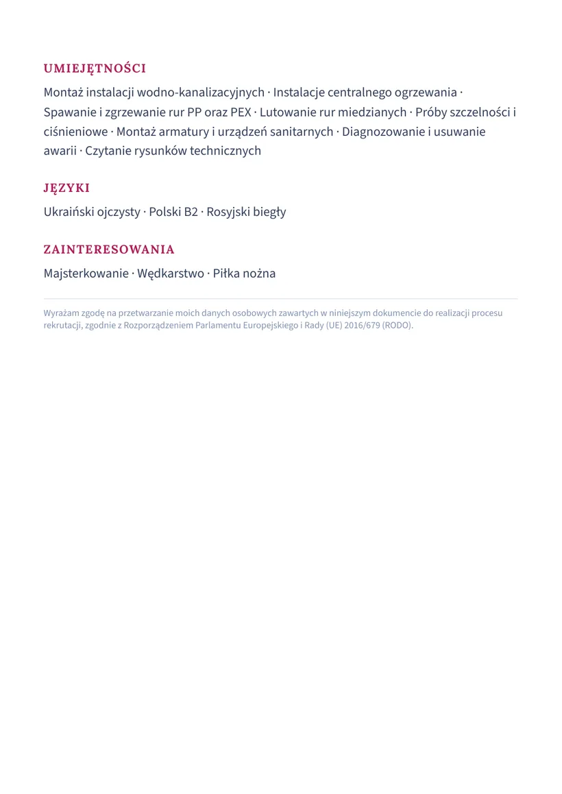 Зразок CV польською — Сантехнік — сторінка 2