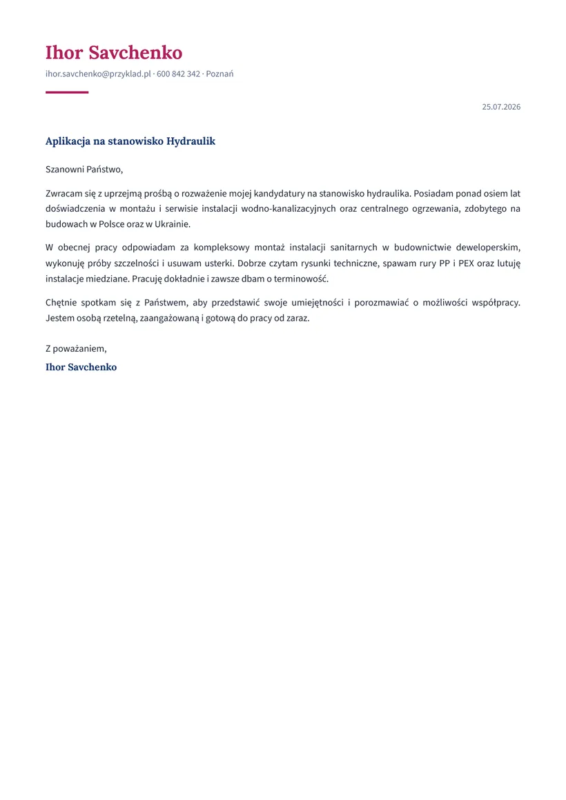 Зразок супровідного листа польською — Сантехнік