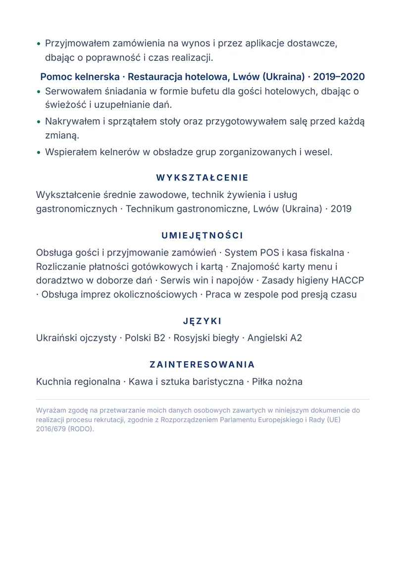 Зразок CV польською — Офіціант — сторінка 2