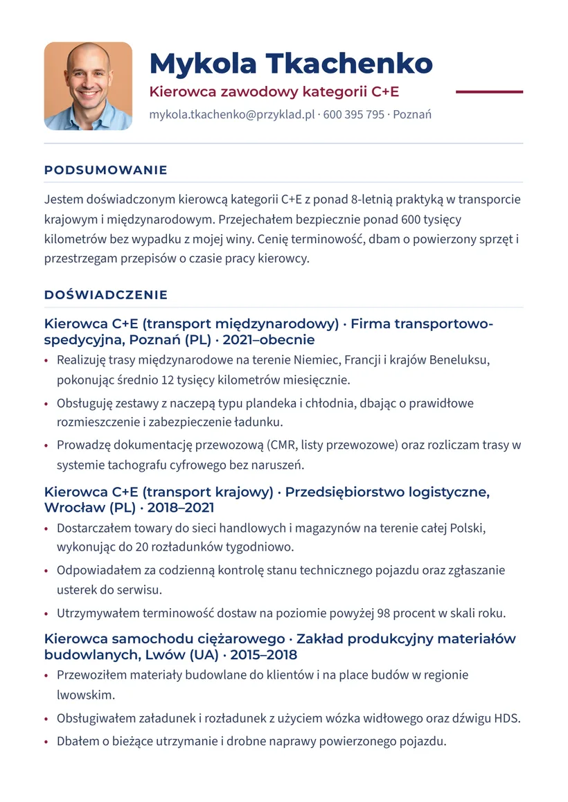 Зразок CV польською — Водій категорії C+E — сторінка 1