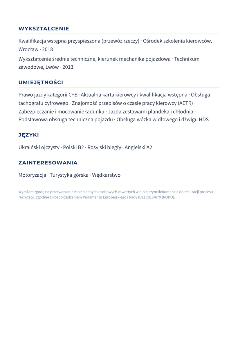 Зразок CV польською — Водій категорії C+E — сторінка 2