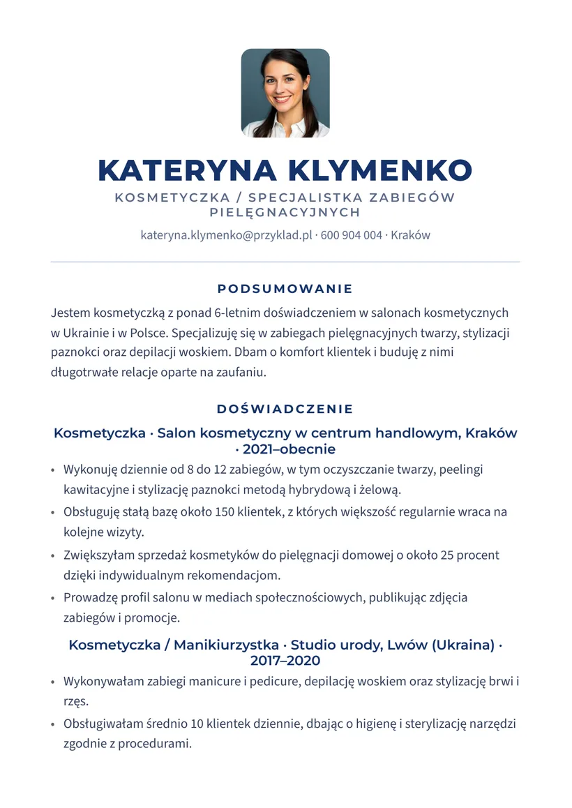 Зразок CV польською — Косметолог — сторінка 1
