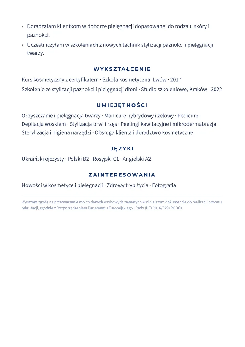 Зразок CV польською — Косметолог — сторінка 2