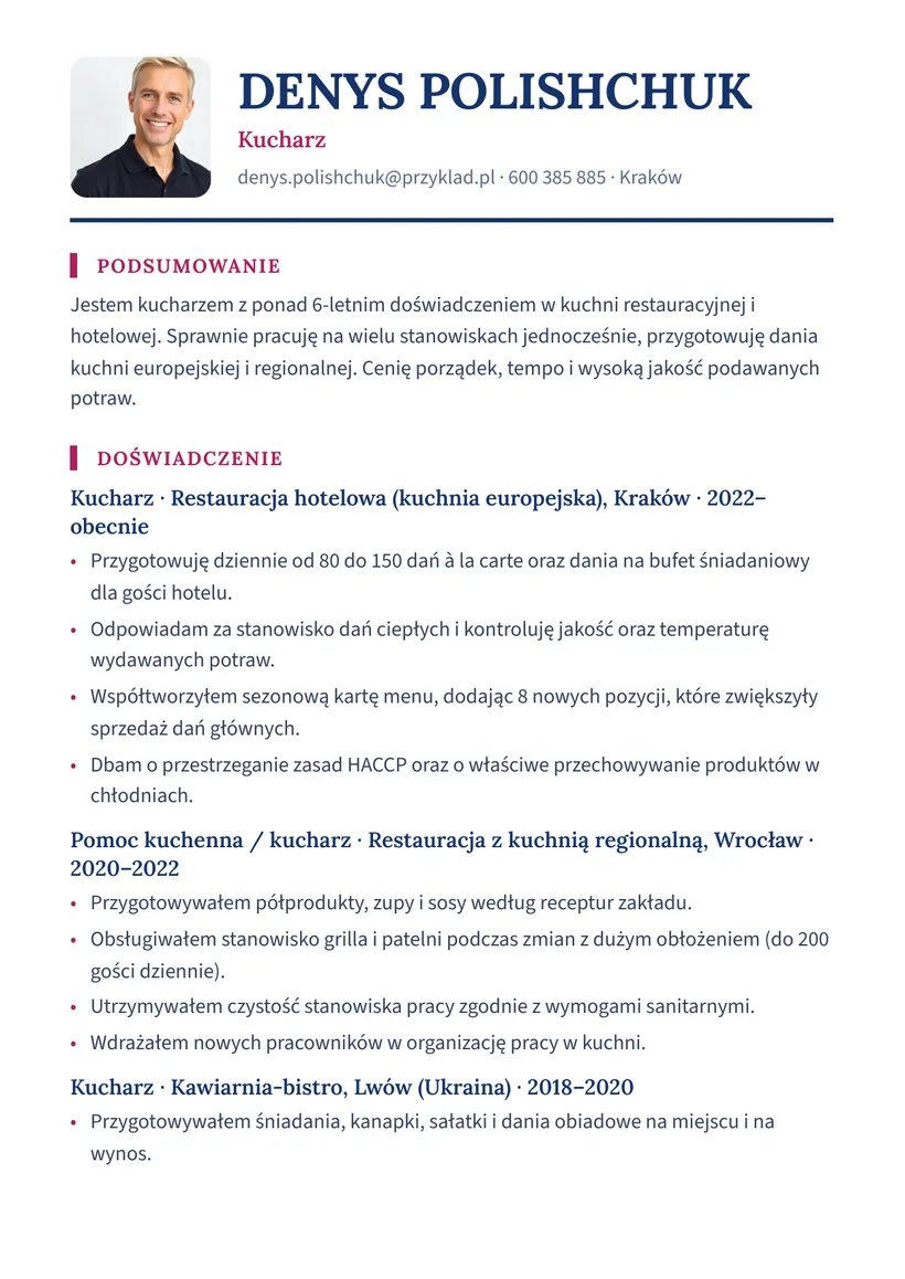 Зразок CV польською — Кухар — сторінка 1