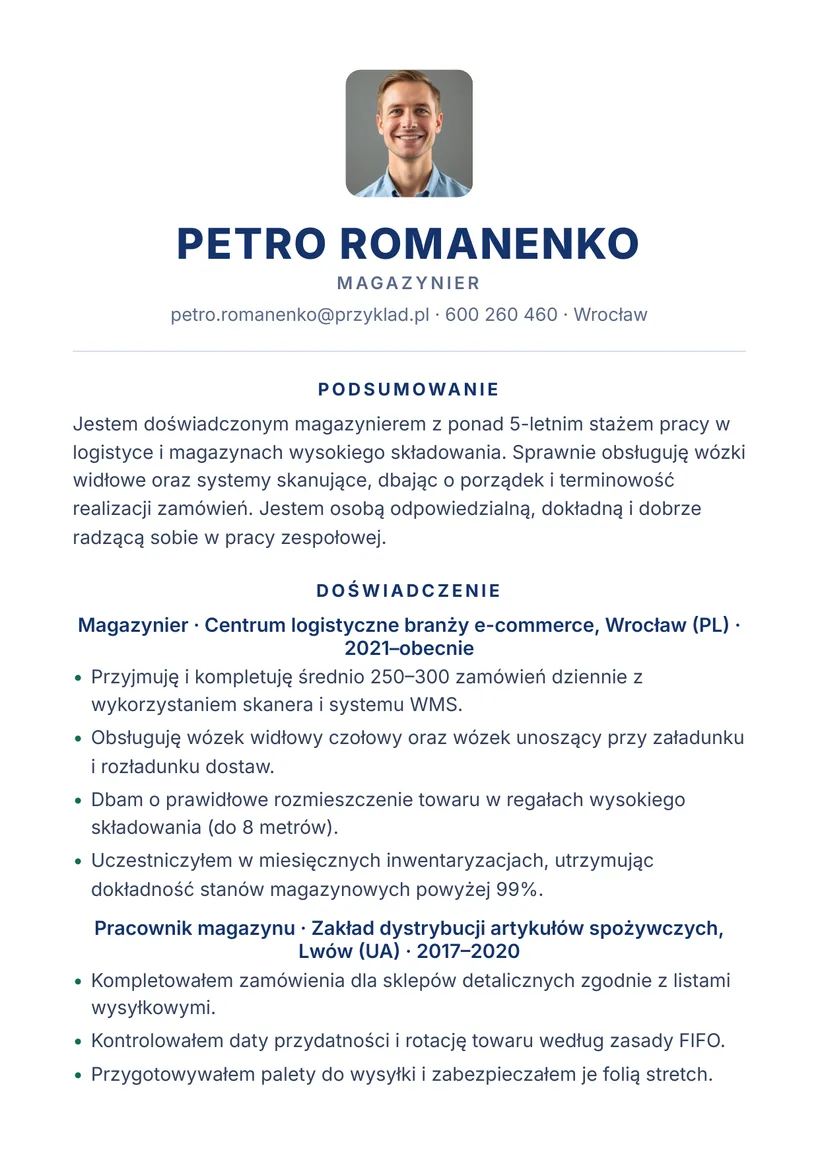 Зразок CV польською — Комірник / працівник складу — сторінка 1