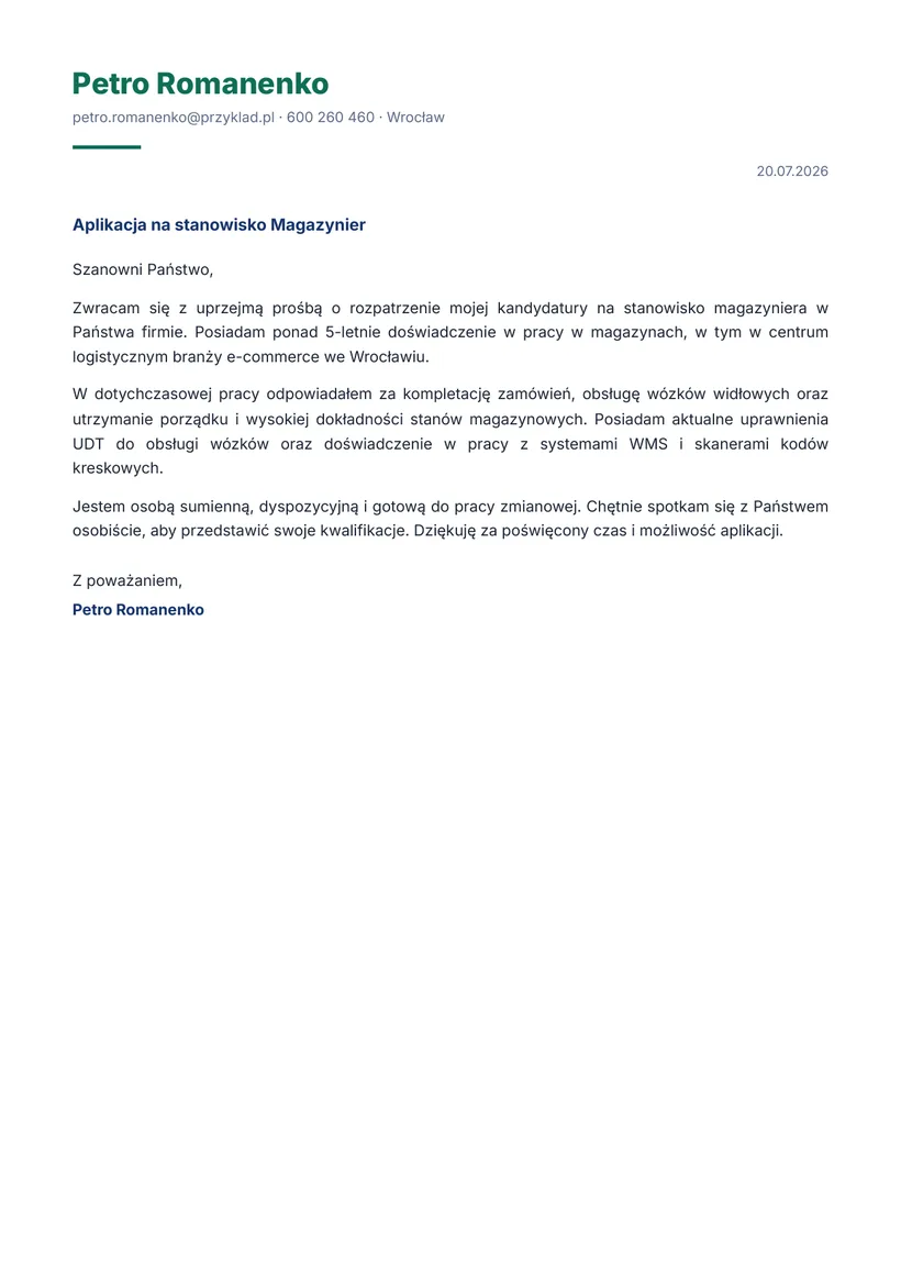 Зразок супровідного листа польською — Комірник / працівник складу