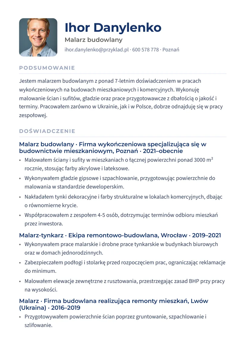 Зразок CV польською — Маляр — сторінка 1