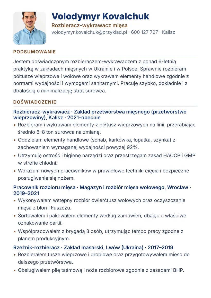 Зразок CV польською — Обвалювальник м'яса — сторінка 1