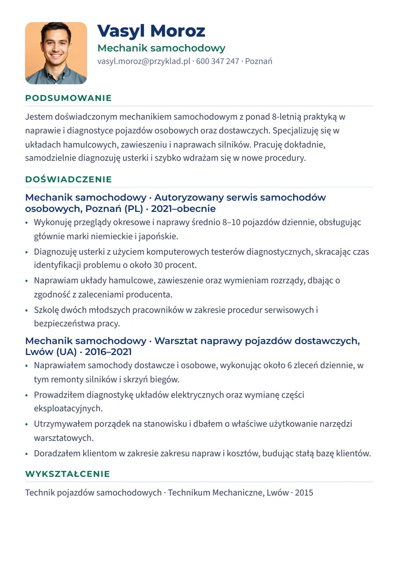Зразок CV польською — Автомеханік — сторінка 1