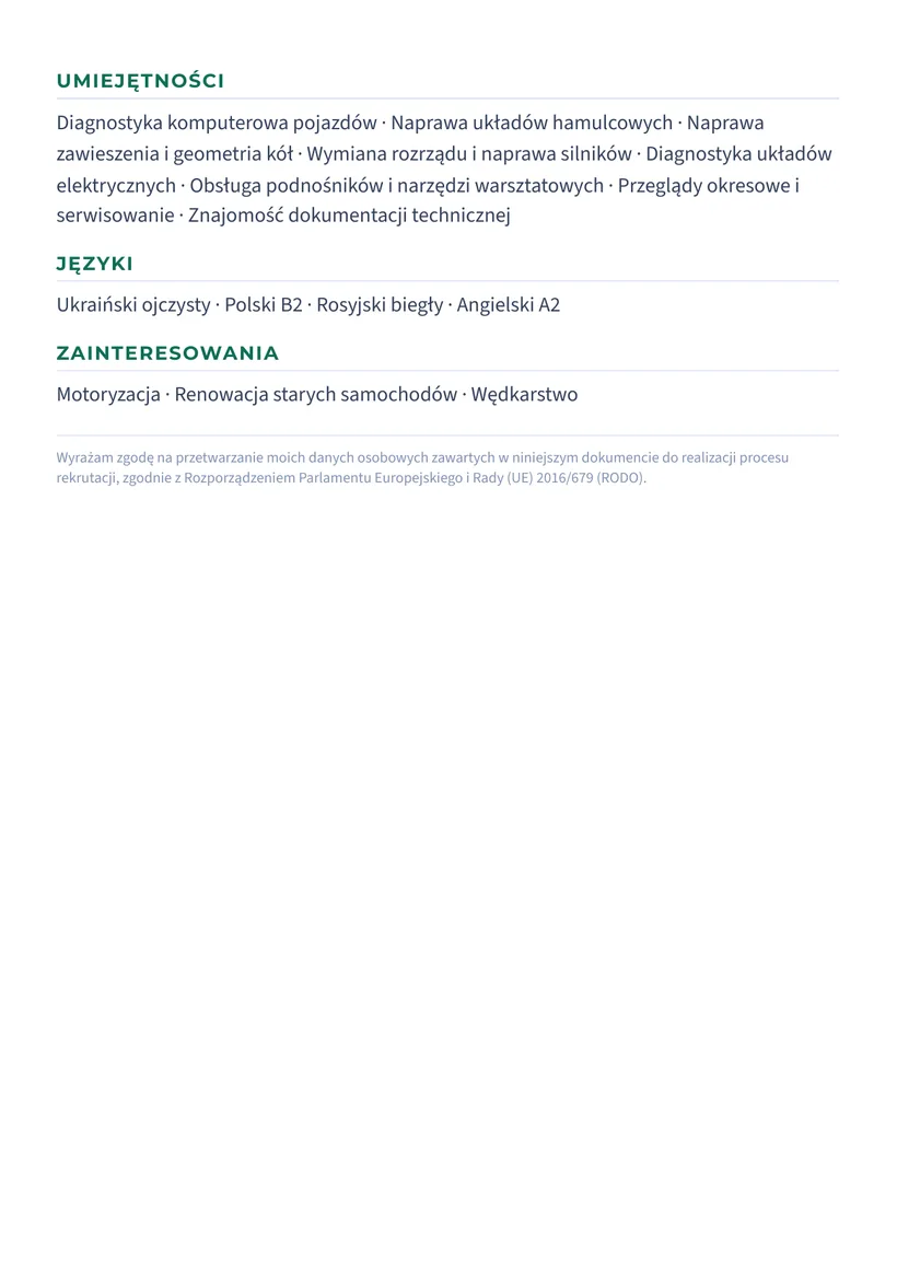 Зразок CV польською — Автомеханік — сторінка 2