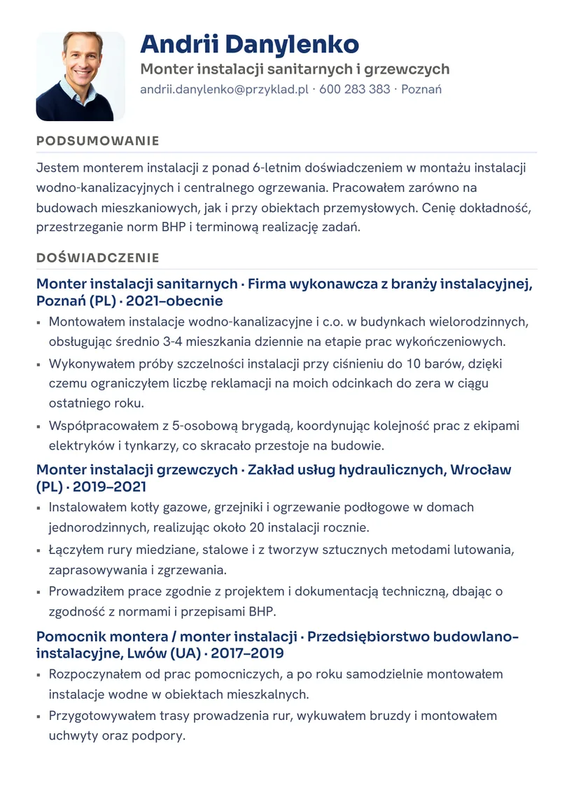 Зразок CV польською — Монтажник — сторінка 1