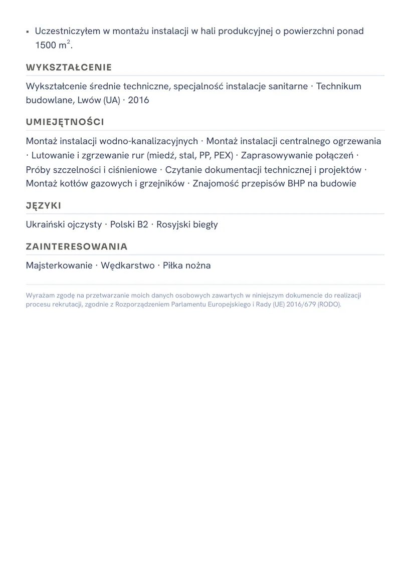 Зразок CV польською — Монтажник — сторінка 2