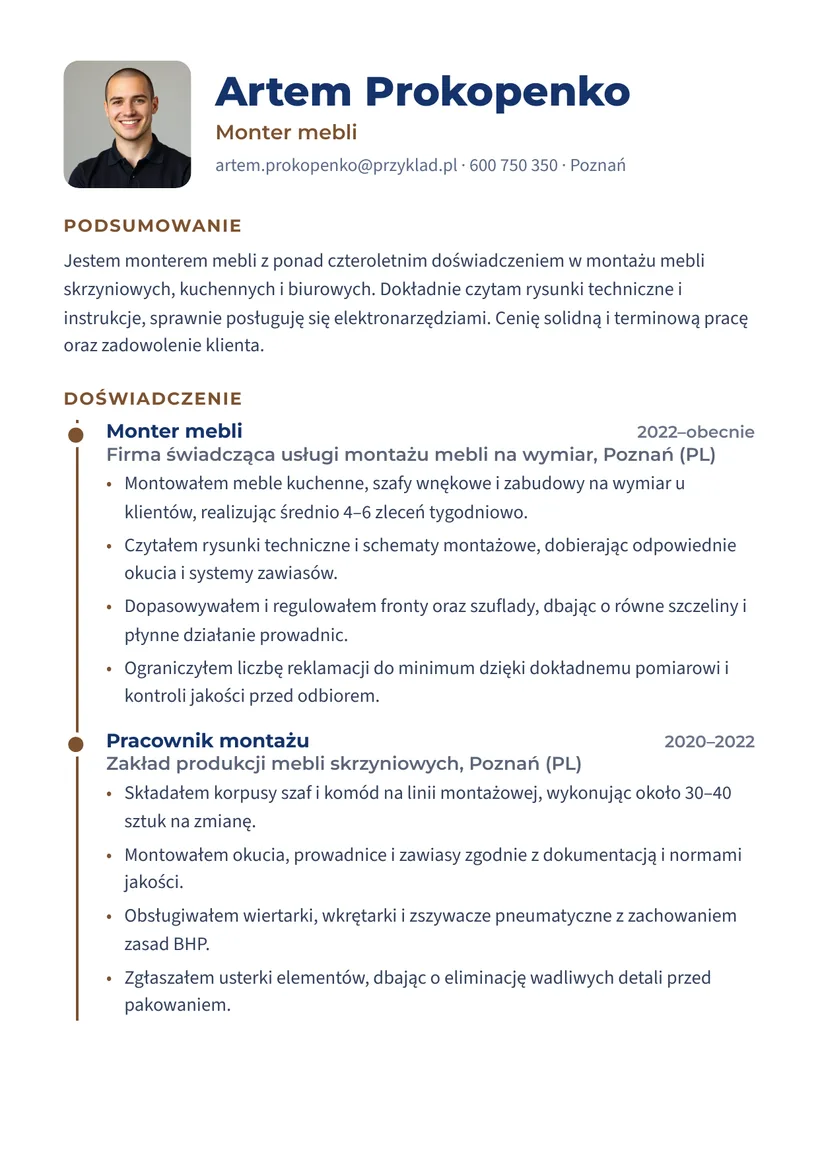 Зразок CV польською — Монтажник меблів — сторінка 1