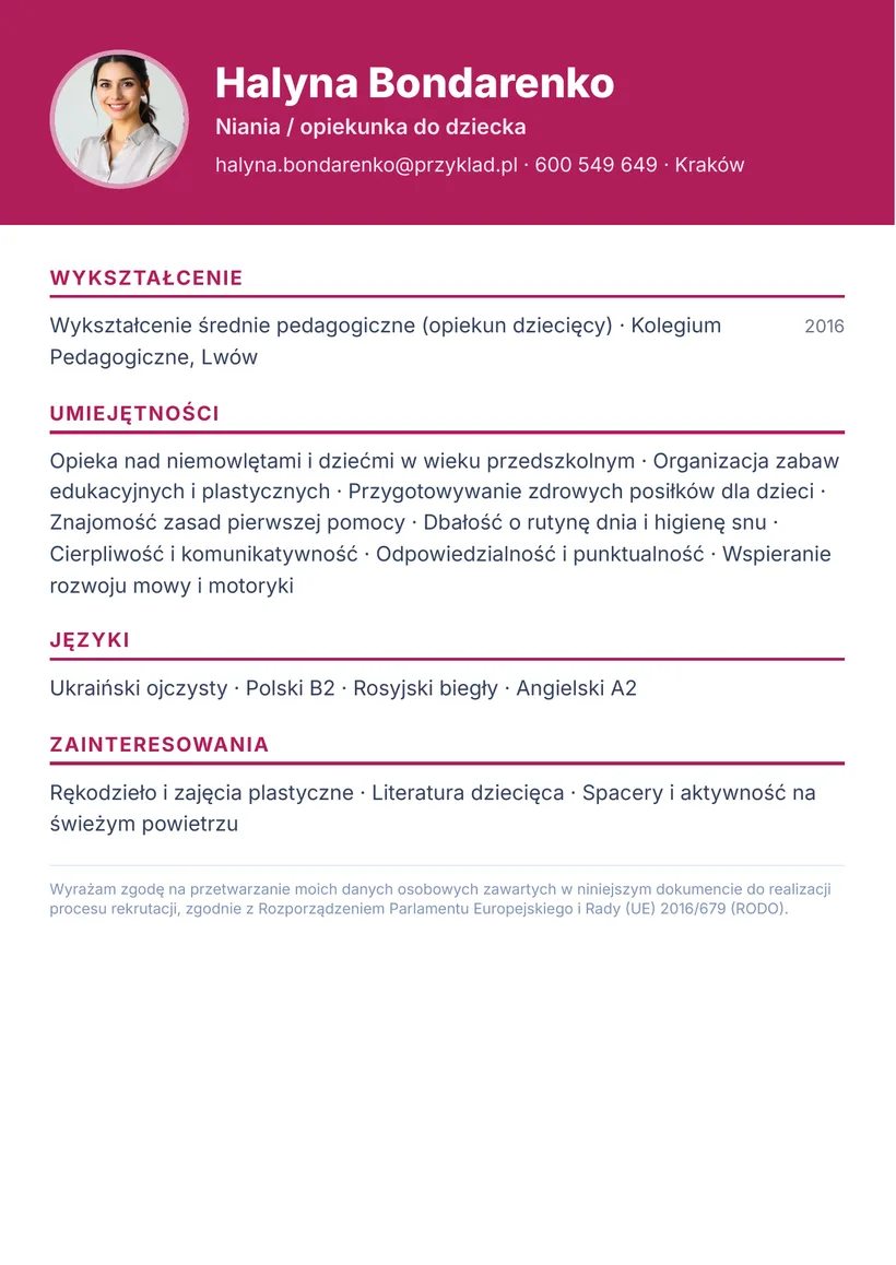 Зразок CV польською — Няня — сторінка 2