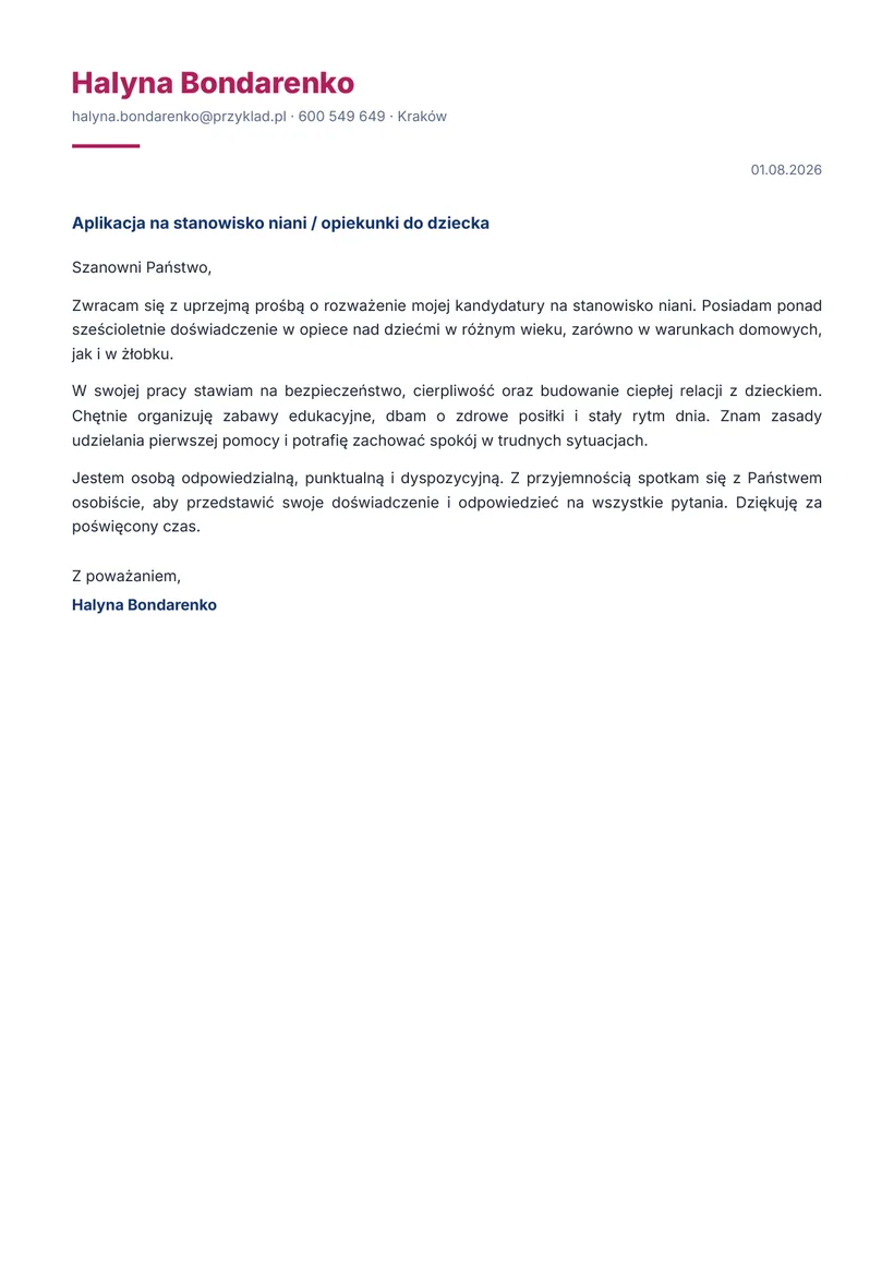 Зразок супровідного листа польською — Няня