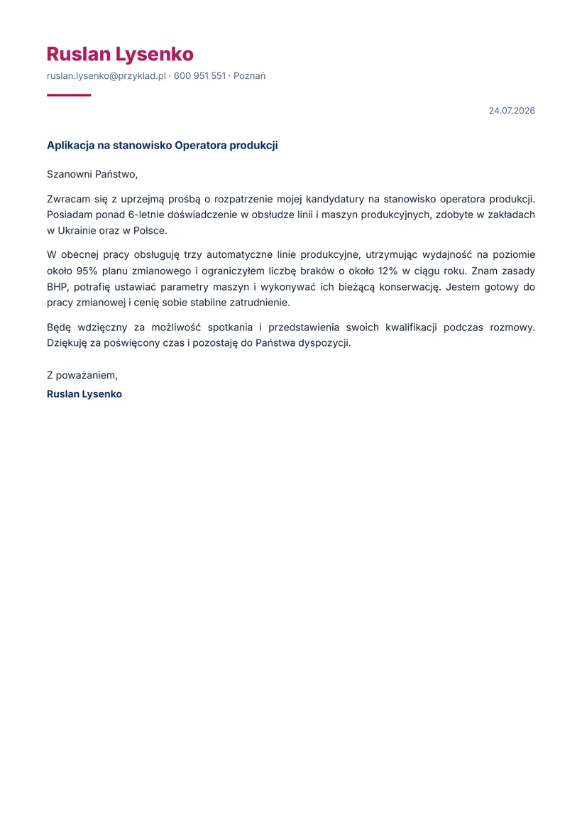 Зразок супровідного листа польською — Оператор виробництва