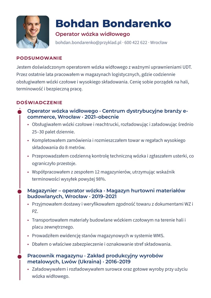 Зразок CV польською — Оператор навантажувача — сторінка 1