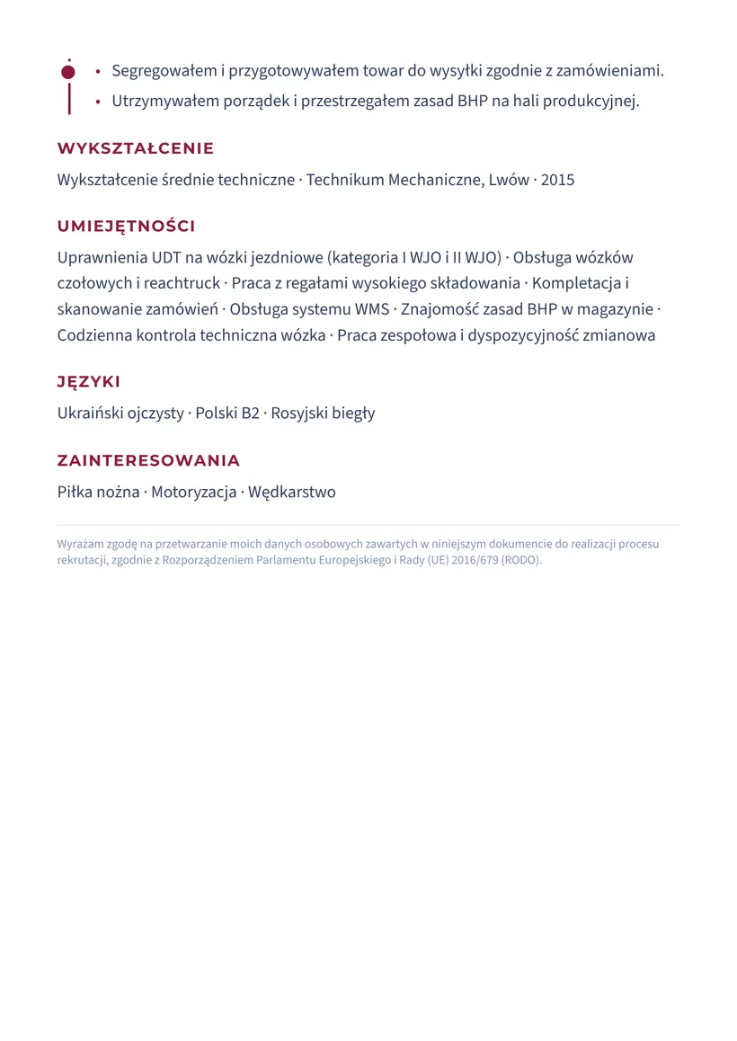 Зразок CV польською — Оператор навантажувача — сторінка 2