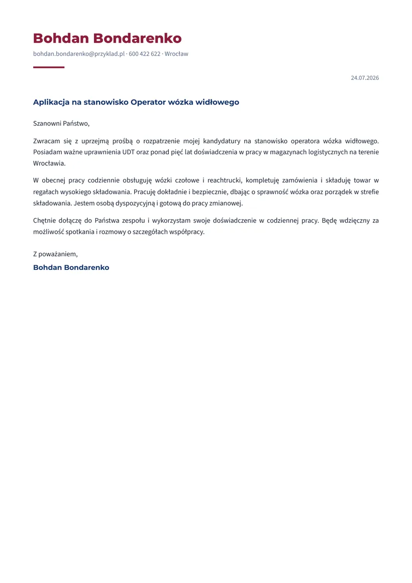 Зразок супровідного листа польською — Оператор навантажувача