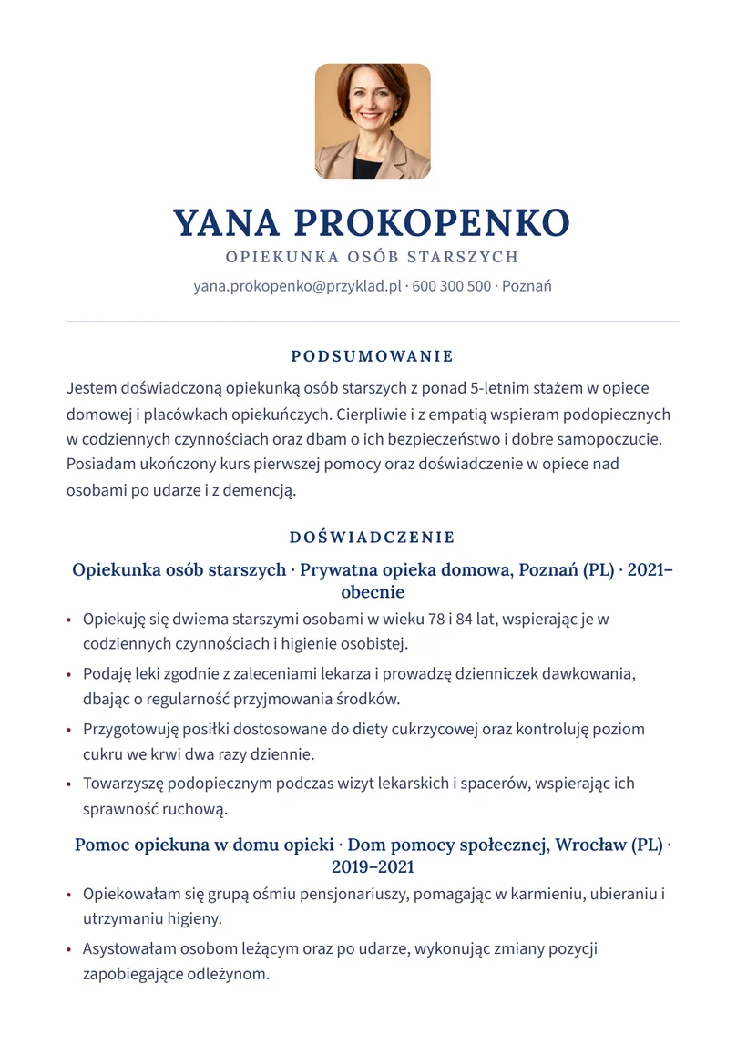 Зразок CV польською — Доглядальниця людей похилого віку — сторінка 1