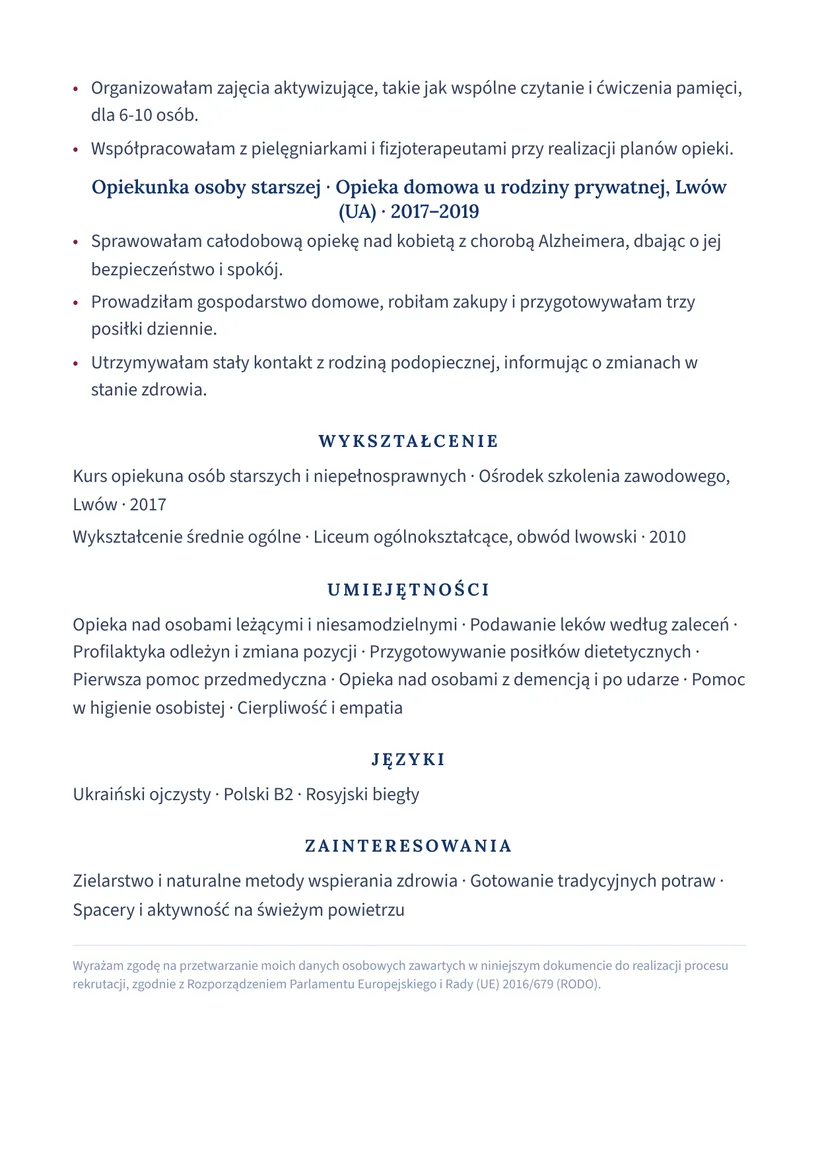 Зразок CV польською — Доглядальниця людей похилого віку — сторінка 2