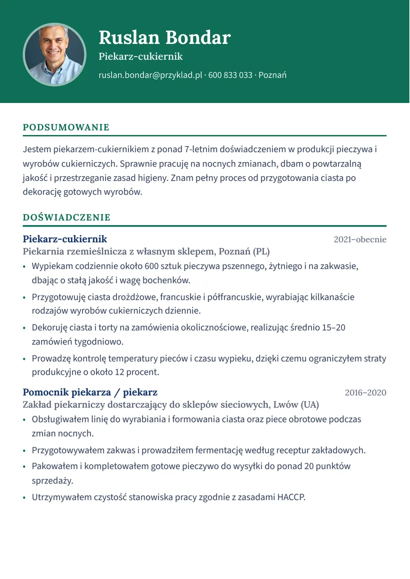 Зразок CV польською — Пекар-кондитер — сторінка 1