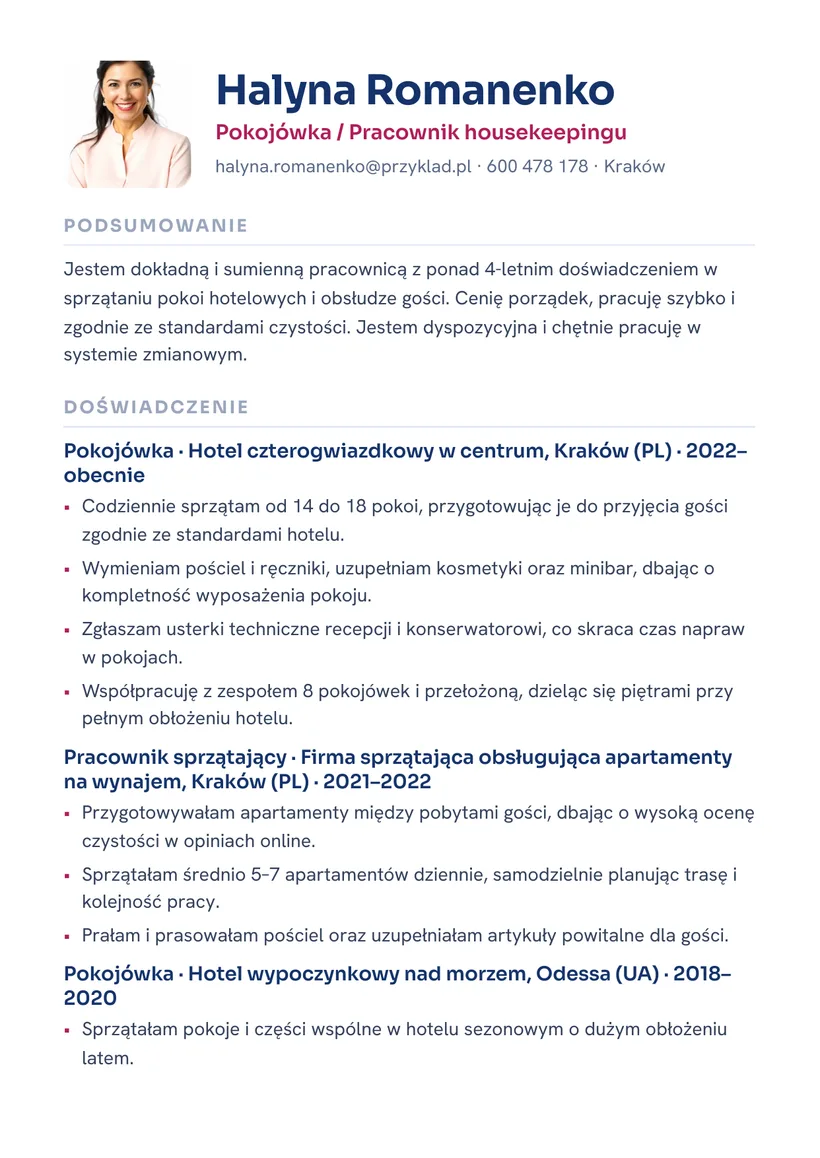 Зразок CV польською — Покоївка в готелі — сторінка 1