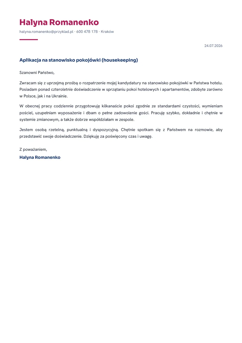 Зразок супровідного листа польською — Покоївка в готелі