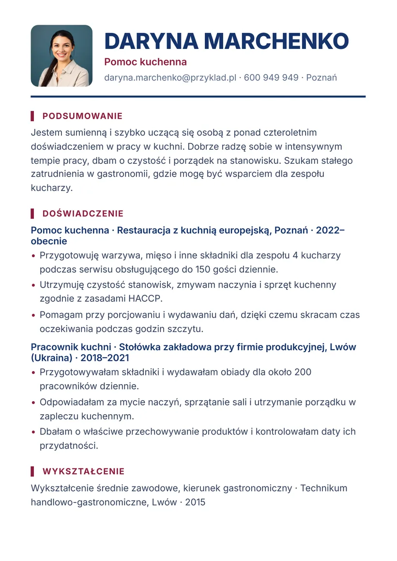 Зразок CV польською — Помічник кухаря — сторінка 1