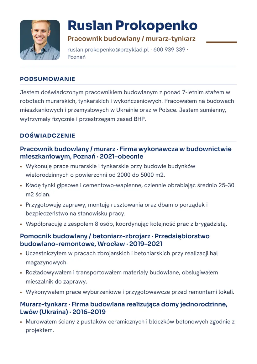 Зразок CV польською — Будівельник — сторінка 1