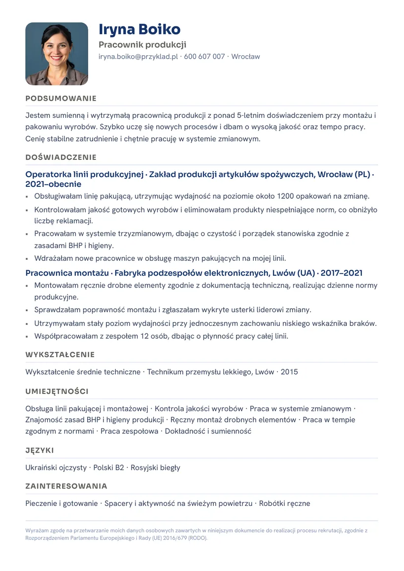 Зразок CV польською — Працівник виробництва — сторінка 1