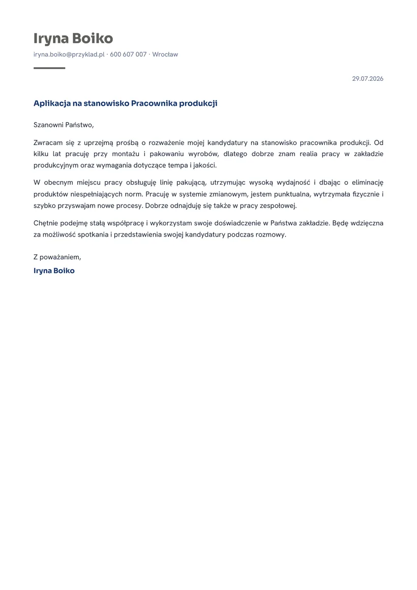 Зразок супровідного листа польською — Працівник виробництва