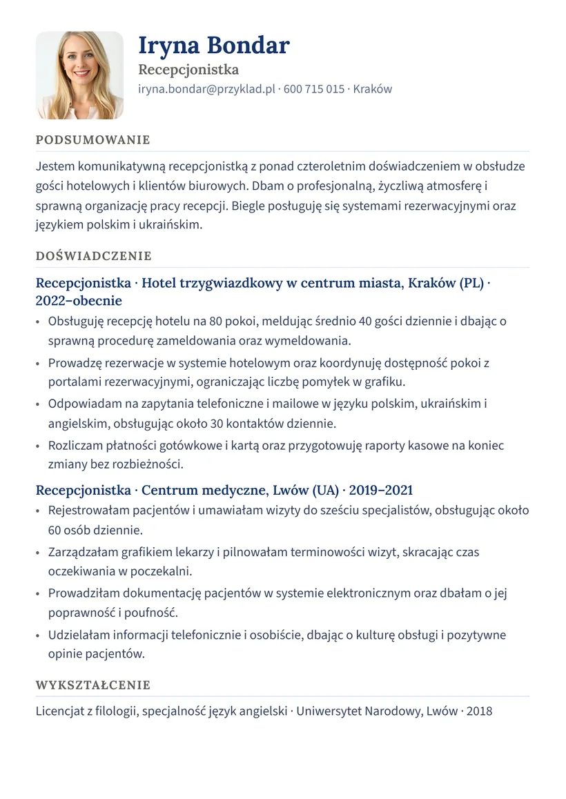 Зразок CV польською — Адміністратор ресепшн — сторінка 1