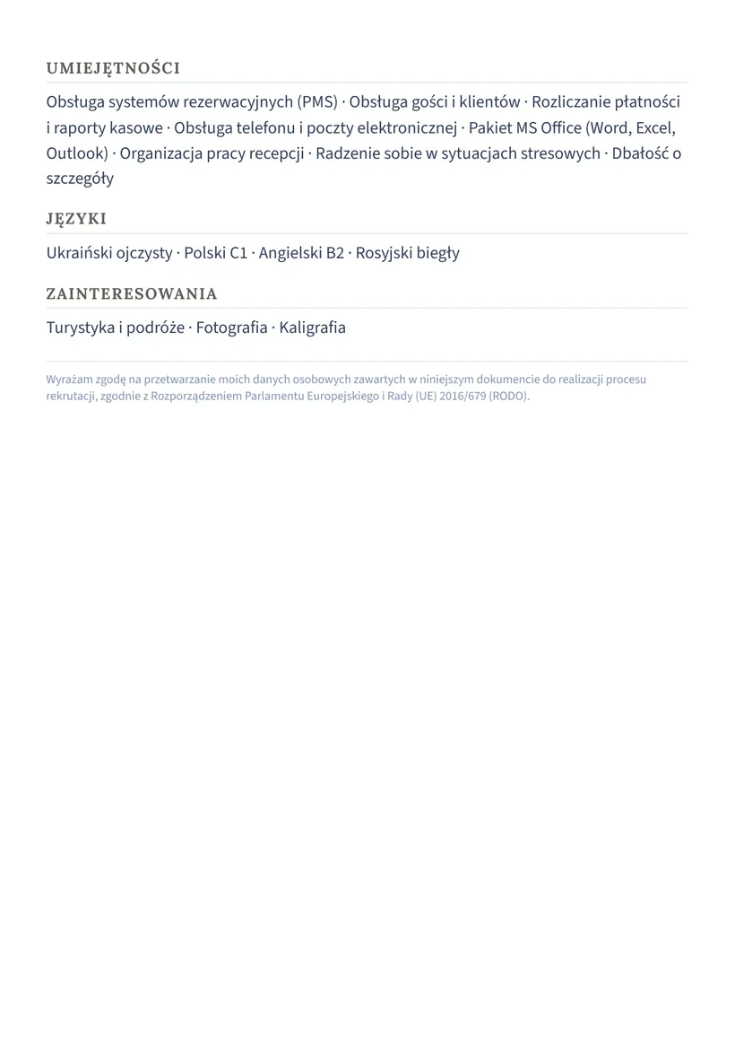 Зразок CV польською — Адміністратор ресепшн — сторінка 2