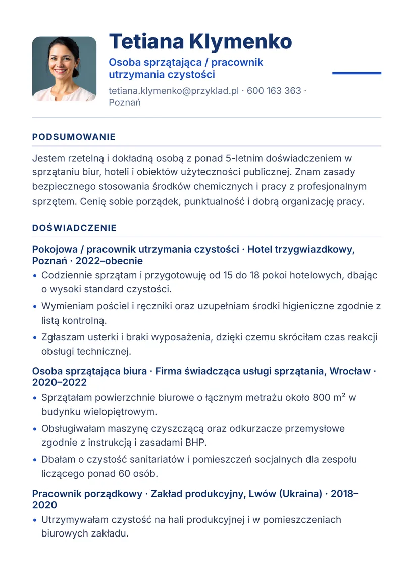 Зразок CV польською — Прибиральниця — сторінка 1