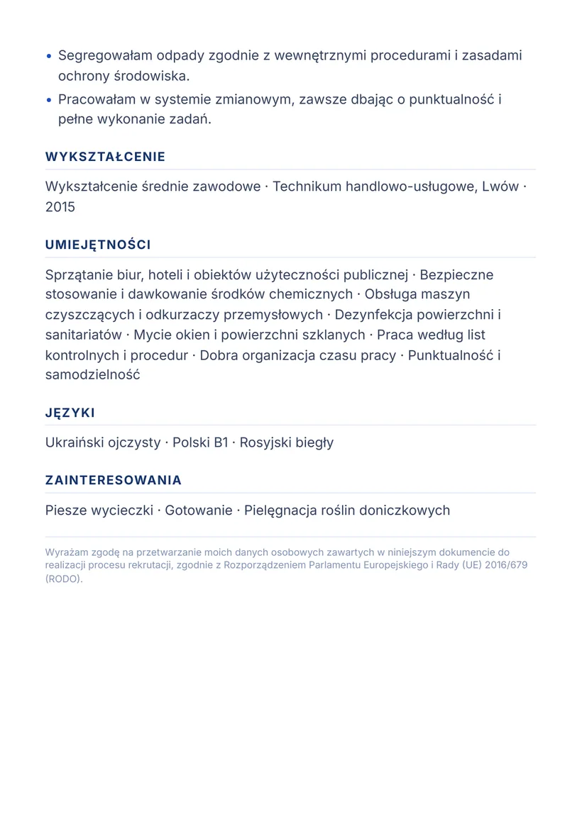Зразок CV польською — Прибиральниця — сторінка 2