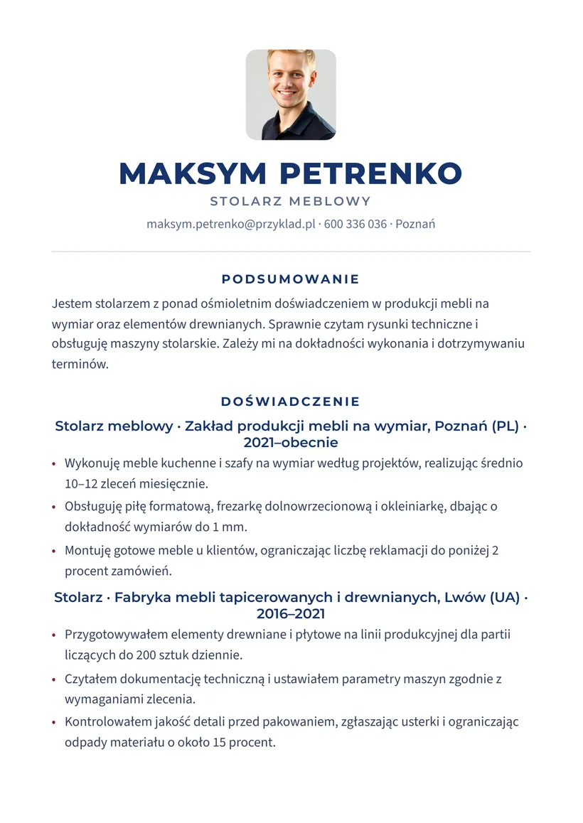 Зразок CV польською — Столяр — сторінка 1