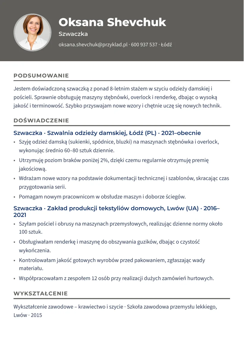 Зразок CV польською — Швачка — сторінка 1