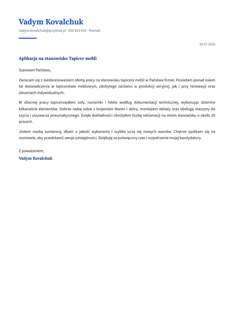 Зразок супровідного листа польською — Оббивальник меблів