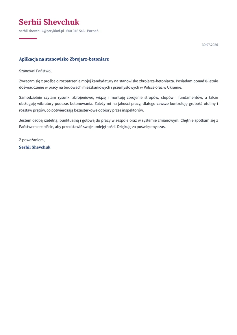 Зразок супровідного листа польською — Арматурник-бетонник