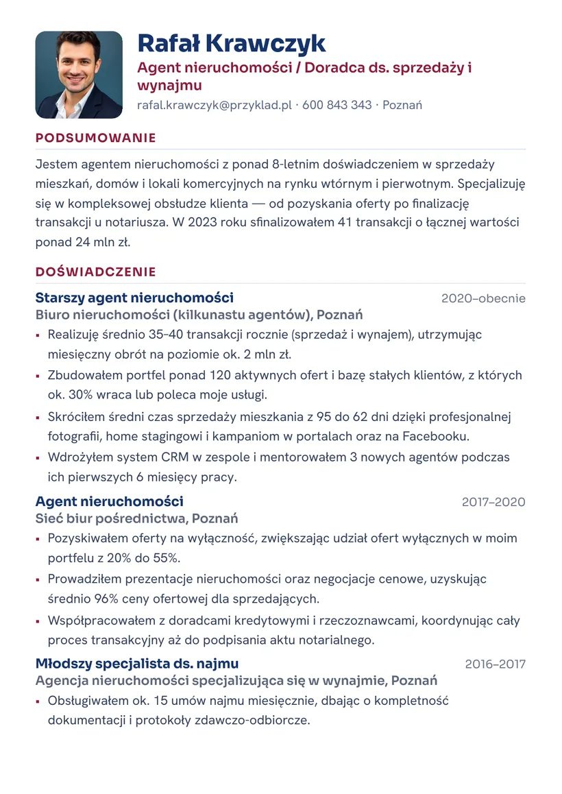 Wzór CV — Agent nieruchomości — strona 1