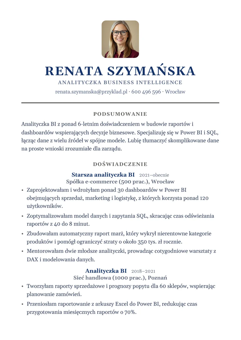 Wzór CV — Analityk BI — strona 1