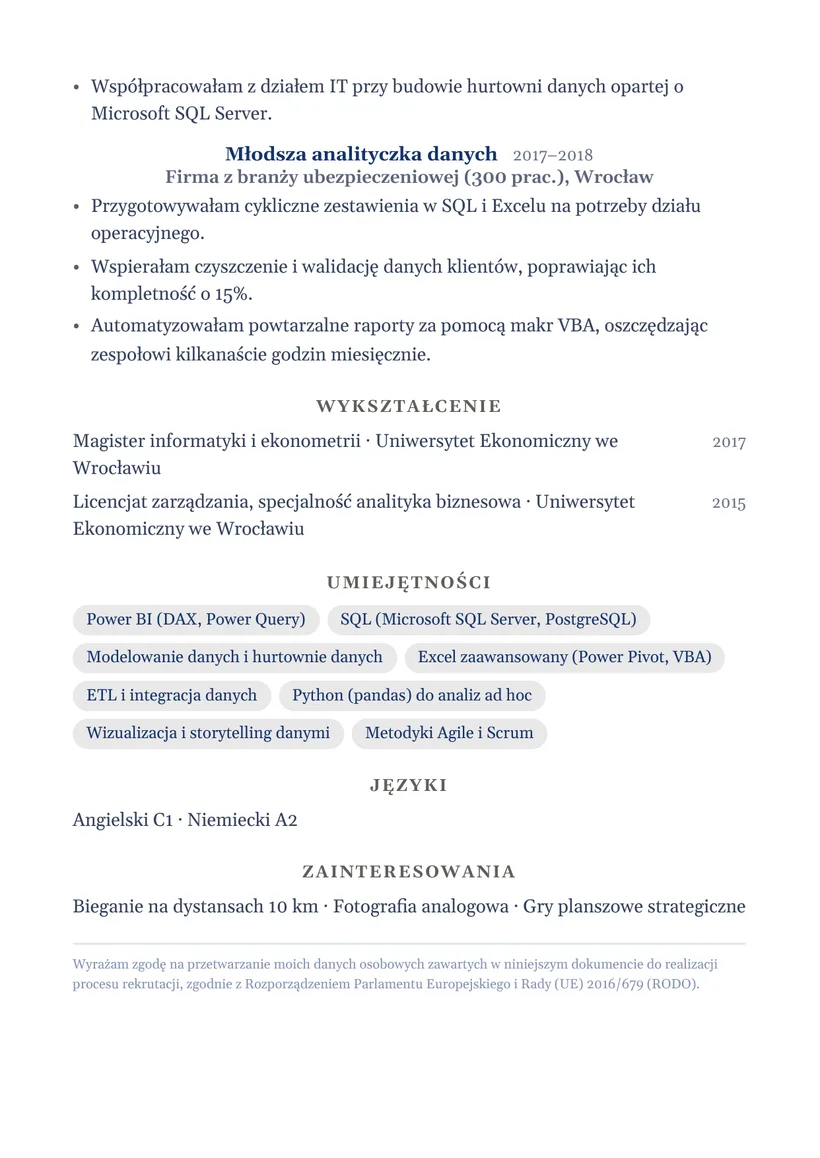 Wzór CV — Analityk BI — strona 2
